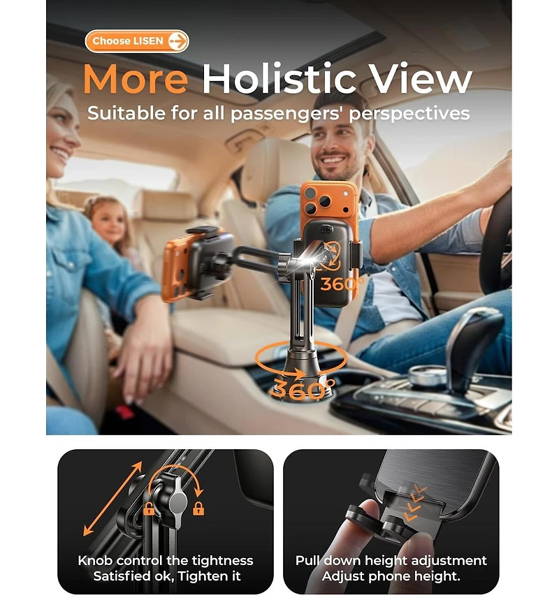 Lisen Car Cup Holder Phone Mount, Adj Long Neck 360degree(s) Phon Holder for Car, Stable Dashboard-Free Mount for iPhone, Samsung, Truck, Golf Cart