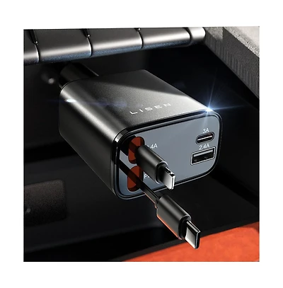 Lisen Retractable Car Charger 69W, 4-Port Fast Charging Car Adapter with Usb-c and Usb-a, Multi Device Charger for iPhone, Samsung, Tablets