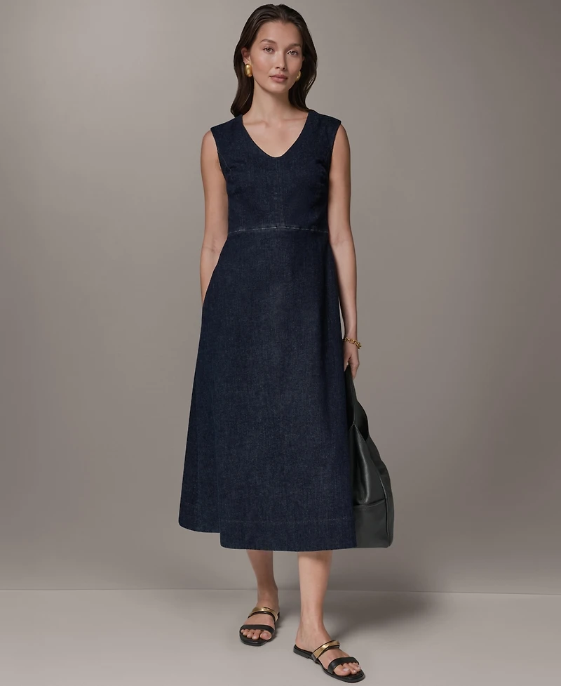 Donna Karan Weekend Women's Contrast Color Self-Belted V-Neck Midi Dress
