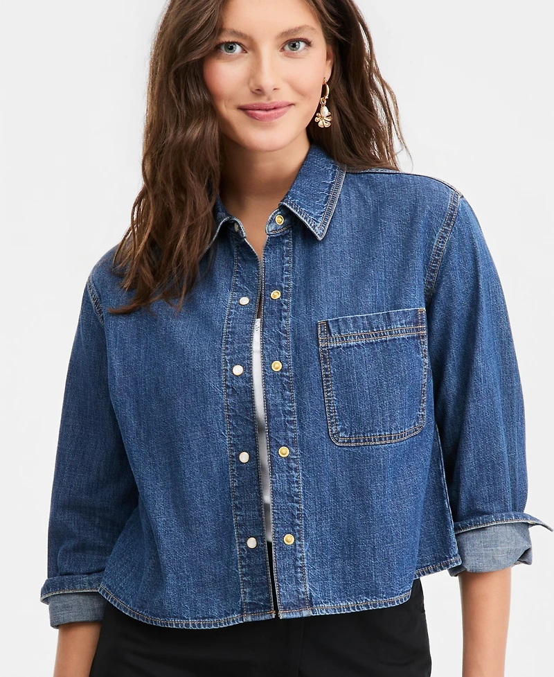 On 34th Women's Long Sleeve Cropped Denim Shirt, Macy's Exclusive