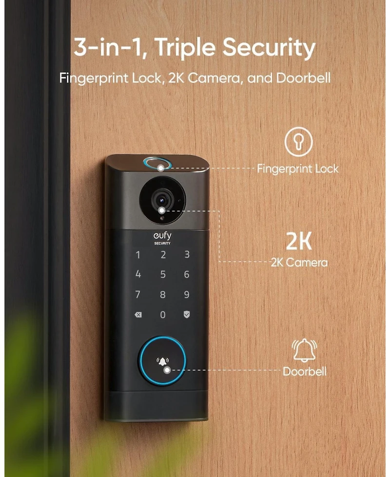 eufy Smart Lock S330, 3-in-1 Camera/Doorbell/Fingerprint, Wi-Fi Deadbolt, App Control, Chime Included, Sd Card Req