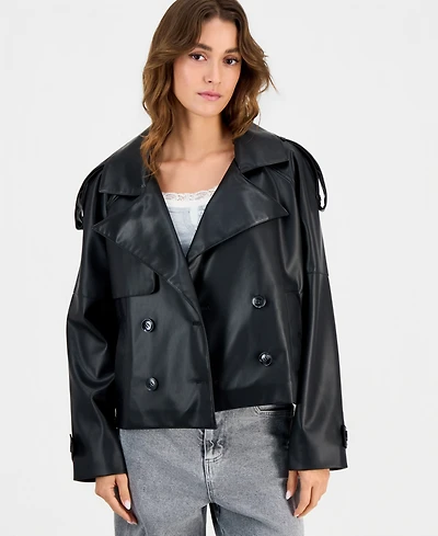 Maralyn & Me Juniors' Cropped Double-Breasted Faux-Leather Trench Coat