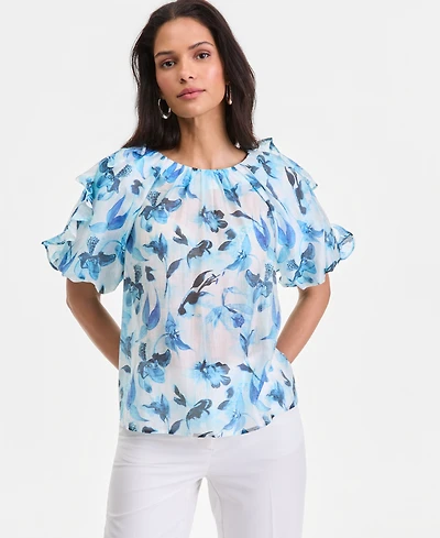 I.n.c. International Concepts Women's Printed Ruffle-Sleeve Top, Macy's Exclusive
