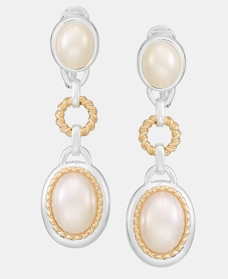 Anne Klein Two-Tone Roping Metal Faux-Pearl Linear Ez Comfort Clip Earrings