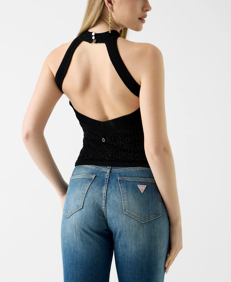 Guess Women's Sleeveless Pointelle Stitch Serina Lurex Sweater