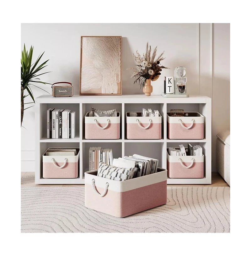 Gouun 4 Pack Collapsible Fabric Storage Bins with Rope Handles, Cotton Linen Storage Baskets for Closet Shelves