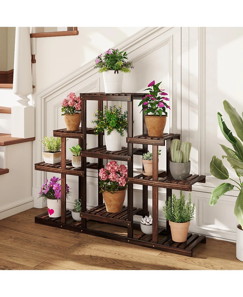 Gouun 47 in. Tiered Corner Wood Plant Shelf with 9 Pot Holders