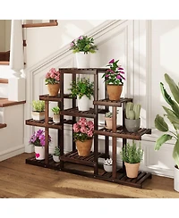Gouun 47 in. Tiered Corner Wood Plant Shelf with 9 Pot Holders