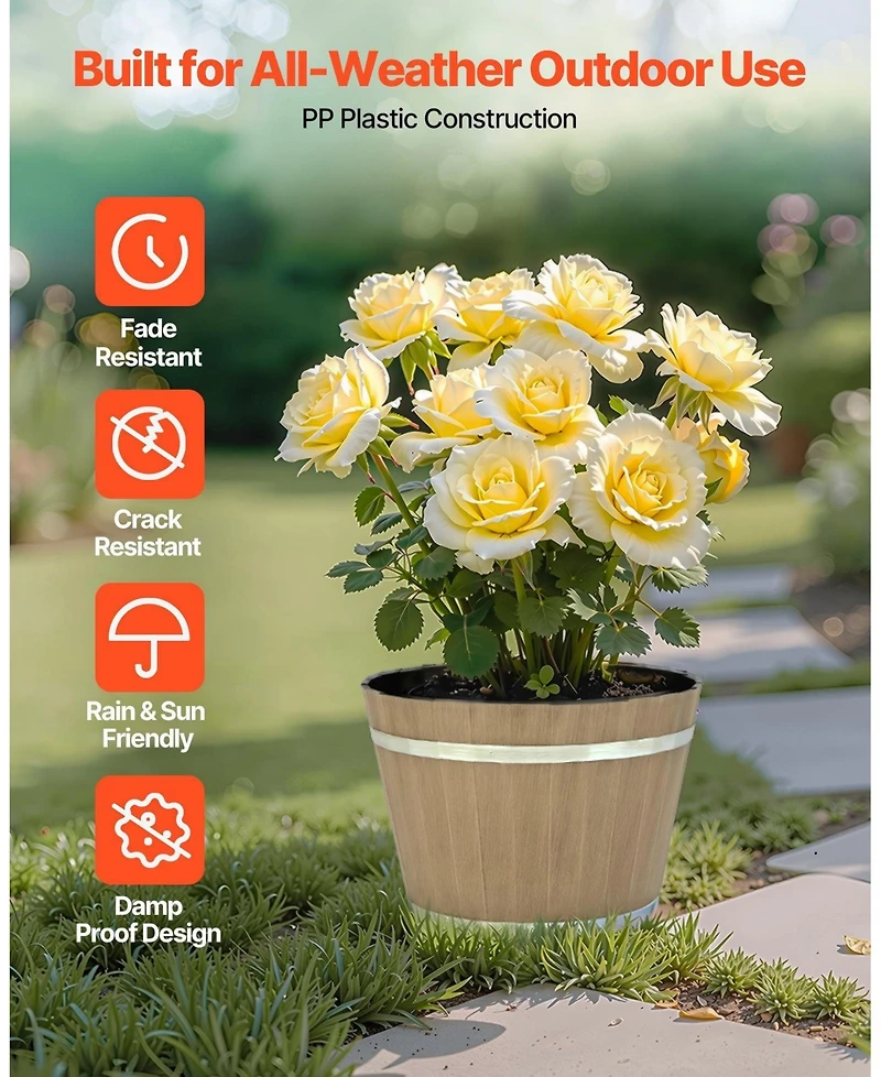 Gouun 4 Pack Resin Barrel Planters, 11.81 inch Decorative Flower Pots with Drainage Holes