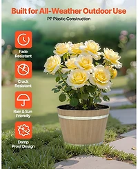 Gouun 4 Pack Resin Barrel Planters, 11.81 inch Decorative Flower Pots with Drainage Holes