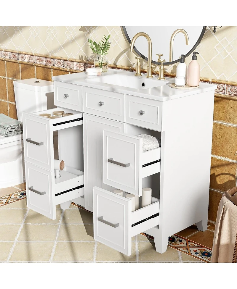 Sillysis 36 Inch Bathroom Vanity with Ceramic Sink, Solid Wood Frame, Ample Storage Drawers and Soft Close Door for Small Spaces