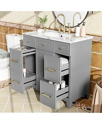 Sillysis 36 Inch Bathroom Vanity with Ceramic Sink, Solid Wood Frame, Ample Storage Drawers and Soft Close Door for Small Spaces