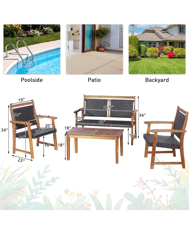 Costway 4 Pcs Patio Rattan Furniture Set Acacia Wood Frame Sofa Loveseat Garden