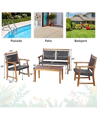 Costway 4 Pcs Patio Rattan Furniture Set Acacia Wood Frame Sofa Loveseat Garden