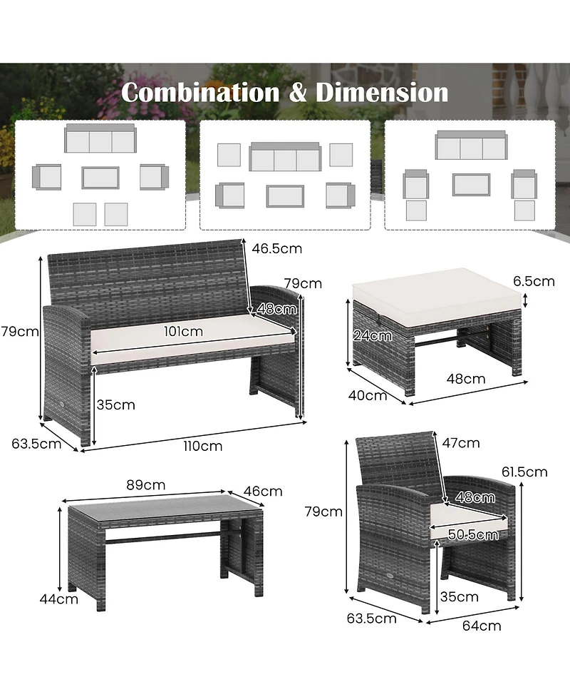 Sugift 6-Piece Outdoor Pe Rattan Sectional Sofa Set with Glass Coffee Table