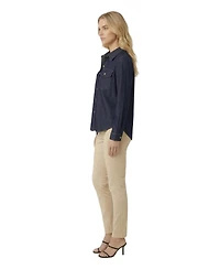 Modenaire Women's Denim Collared Button-Front Pocket Shirt