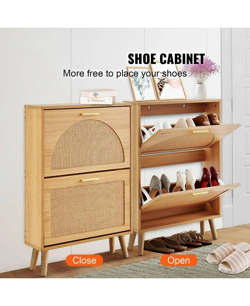 Gouun Rattan-Door Flip-Down Shoe Storage Cabinet with 2 Drawers