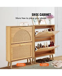 Gouun Rattan-Door Flip-Down Shoe Storage Cabinet with 2 Drawers