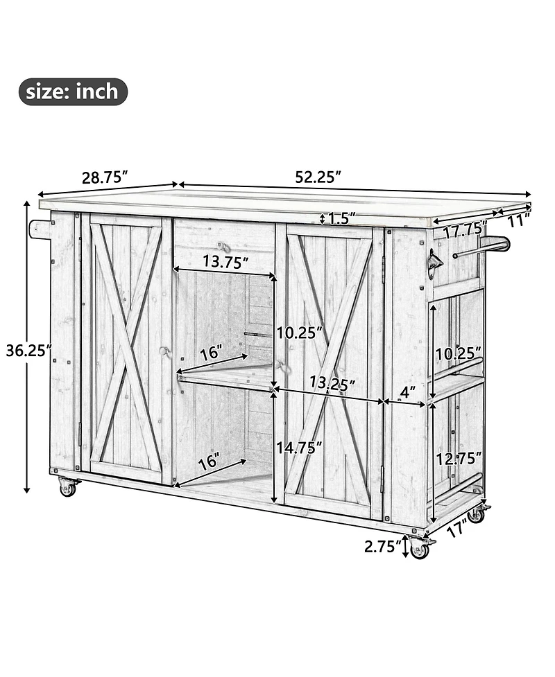 Clihome Outdoor Kitchen Storage Island Fir Wood with Stainless Steel Top