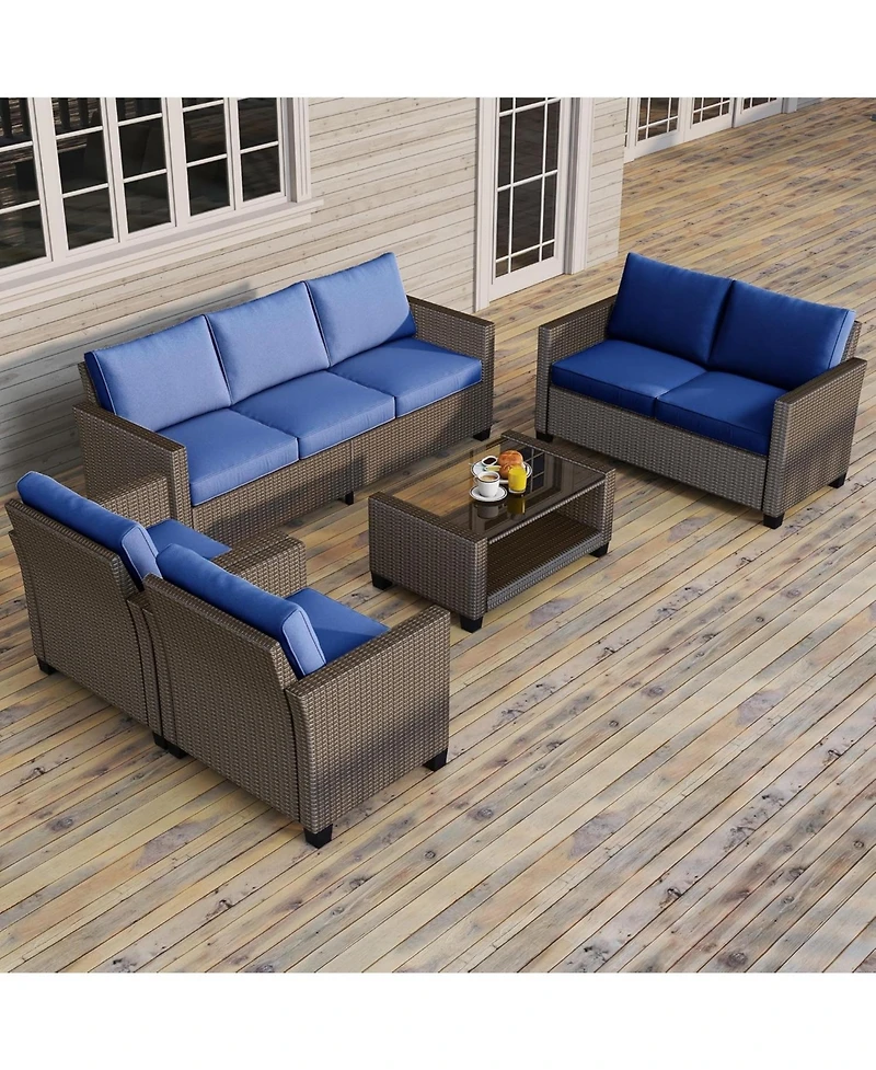 gaomon 5-Piece Outdoor Patio Wicker Sectional Sofa Set with Glass Table
