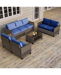 gaomon 5-Piece Outdoor Patio Wicker Sectional Sofa Set with Glass Table