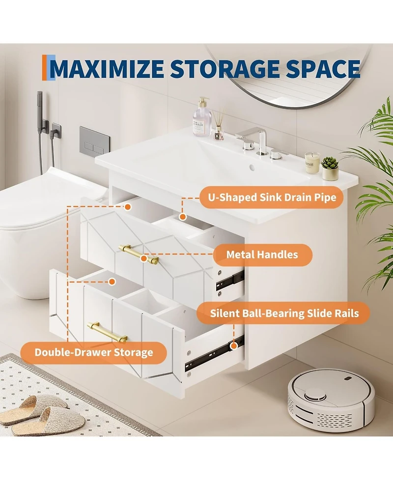 gaomon Floating Bathroom Vanity with Sink, Modern Wall-Mounted Cabinet Ceramic Top, 2 Drawer Storage for Small or Apartment