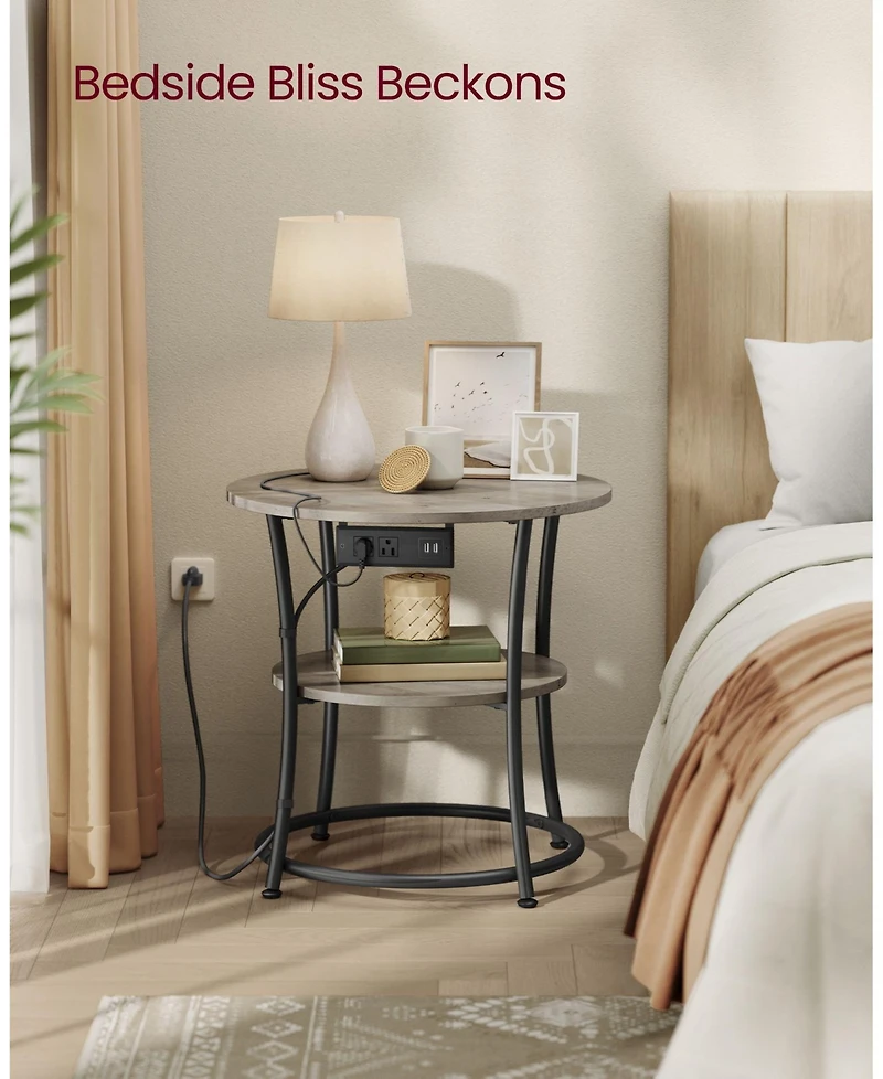 Slickblue 2 Tier Round Side Table with Power Outlets End Storage