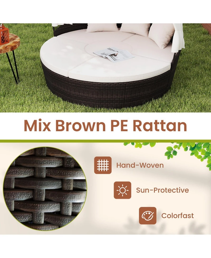 Sugift Rattan Patio Round Daybed with Retractable Canopy and Cushions