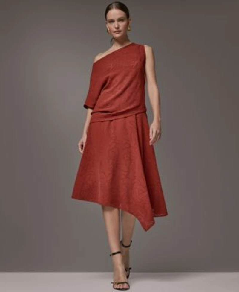 Donna Karan New York Womens Asymmetric Neck Laser Cut Top Laser Cut High Low Skirt