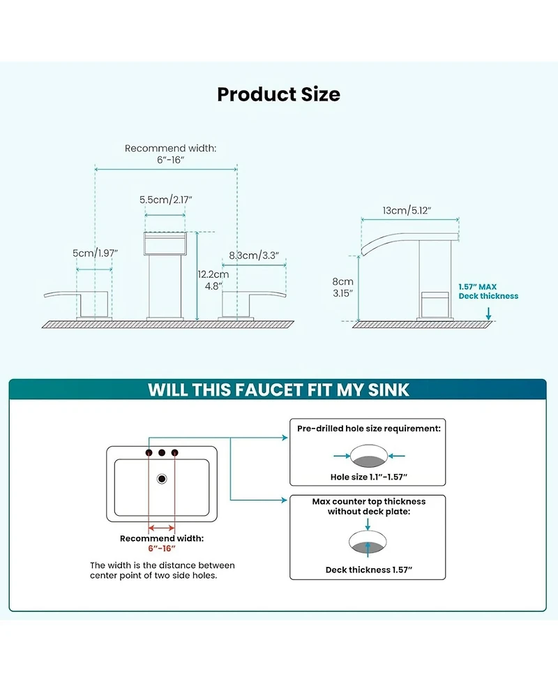 Midola 8 Inch Widespread Waterfall Bathroom Faucet 3 Hole 2 Handle Deck Mount Vanity Sink Faucet with Pop Up Drain Supply Lines Square Design