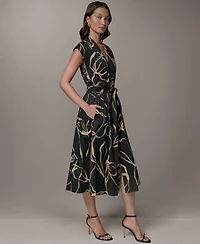 Donna Karan New York Women's Printed Tie Belt V-Neck Midi Dress