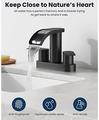 Midola 4 Inch Centerset Waterfall Bathroom Sink Faucet Deck Mount 2 Handle 2 or 3 Hole Pop Up Drain Modern Vanity Mixer Tap Matte