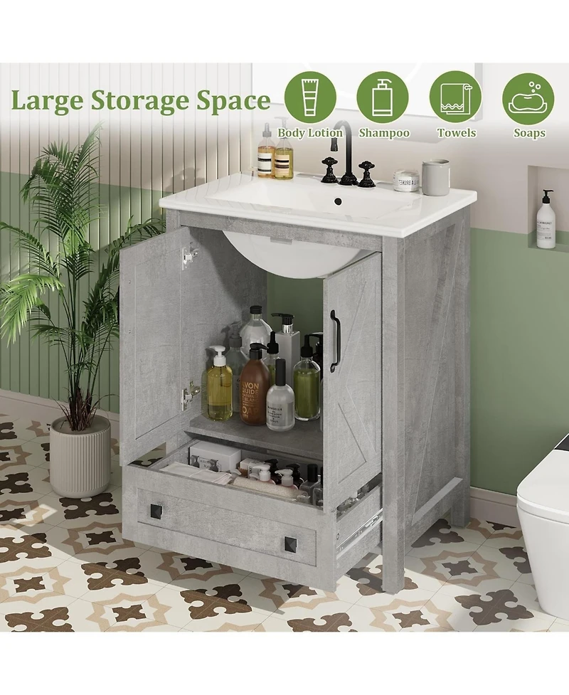 gaomon Bathroom Vanity with Ceramic Sink, Freestanding Cabinet with 2 Doors and Drawer Storage, Compact Design for Small Bathroom