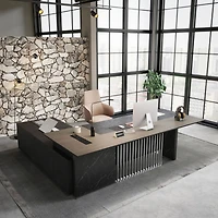 logicfox 86inch Large L Shaped Executive Desk with Universal Charging Ports and Cable Management