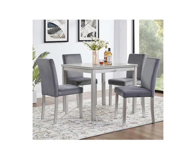 sumyeg 5-Piece Silver Grey Crystal Accent Wood Dining Set with Square Kitchen Table and 4 Upholstered Chairs