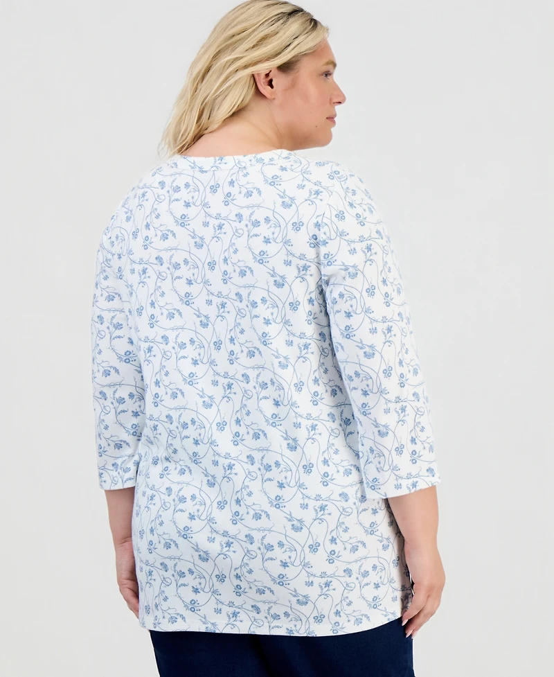 Style & Co Plus Vine Floral Split-Neck 3/4-Sleeve Tunic, Macy's Exclusive