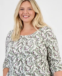 Style & Co Plus Hidden Bells Floral Scoop Neck Long-Sleeve T-Shirt, Macy's Exclusive