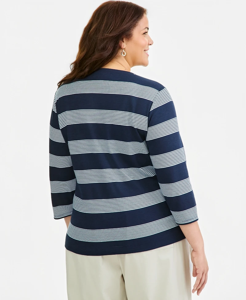 Style & Co Plus Multi-Stripe 3/4-Sleeve Henley, Macy's Exclusive