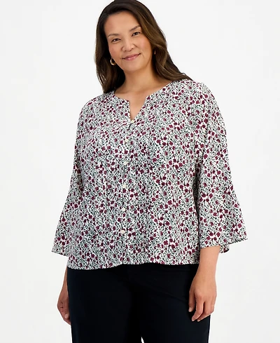 Style & Co Plus Floral-Print Pintuck Bell-Sleeve Blouse, Macy's Exclusive