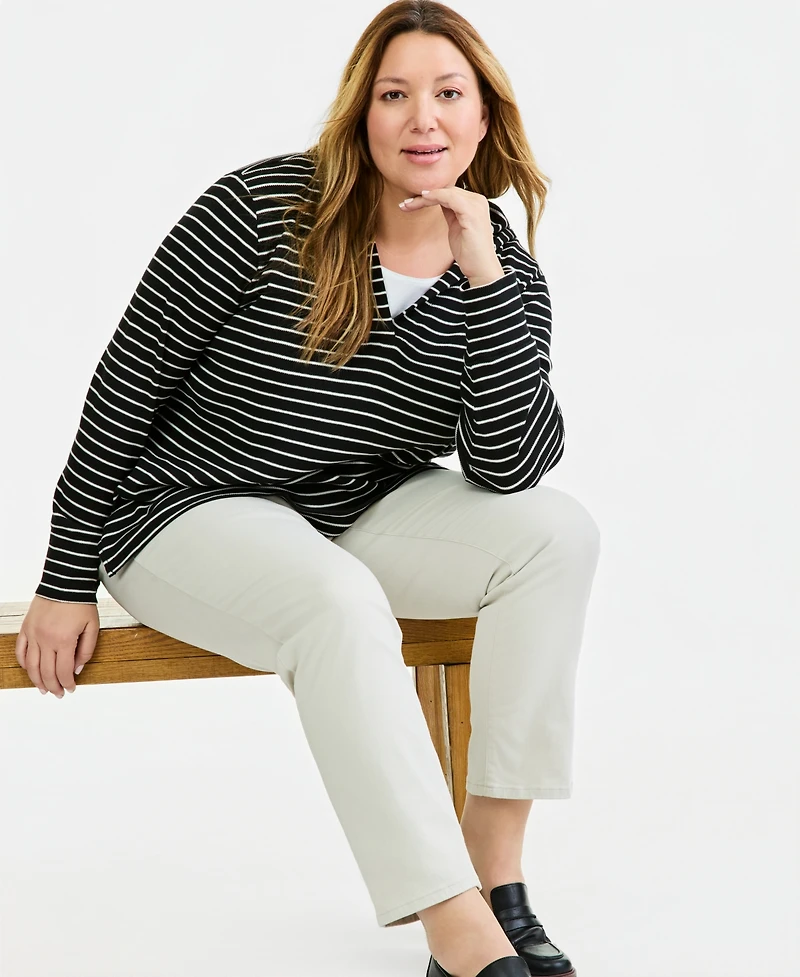 Style & Co Plus Waffle-Knit Striped V-Neck Hoodie, Macy's Exclusive
