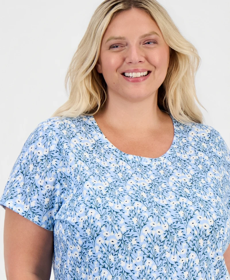 Style & Co Plus Patterson Flora Crewneck Curved-Hem T-Shirt, Macy's Exclusive