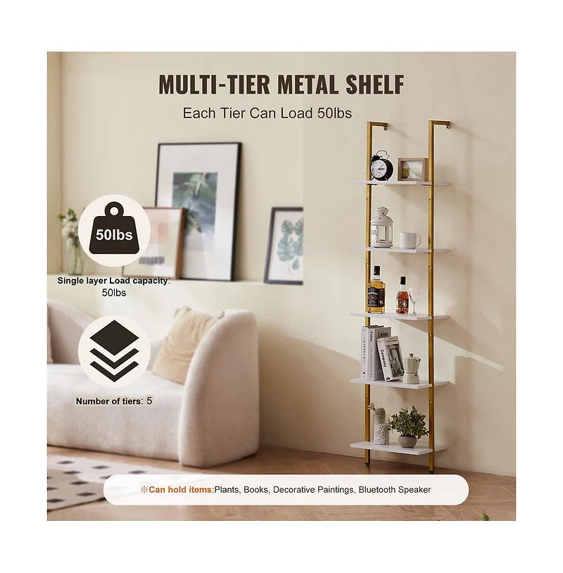 Sugift 5 Tier Industrial Ladder Shelf in Open Wall Mount