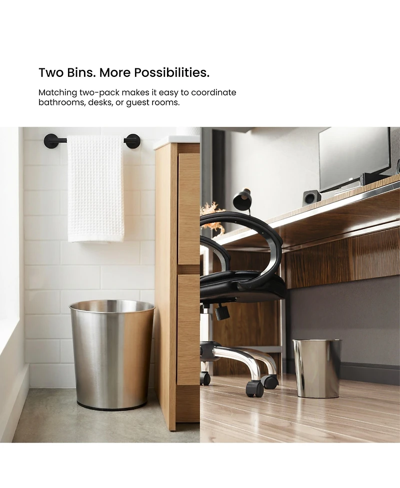 Home Zone Living Gallon Round Open Top Wastebasket, Stainless Steel, Silver, 2 Pack with Trash Bags