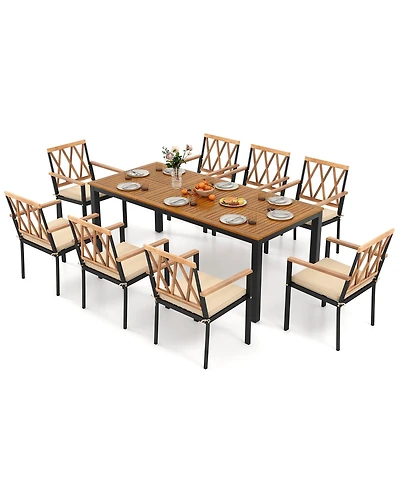 Gymax 9 Pcs Outdoor Dining Table and Chairs Set Table w/ Acacia Wood Top Umbrella Hole
