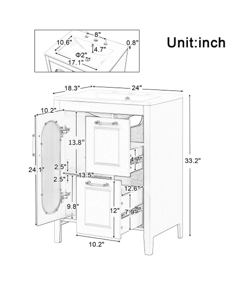Sillysis Freestanding Bathroom Vanity with Sink, Solid Wood Cabinet, Moru Glass Door, Adjustable Shelf for Small Spaces
