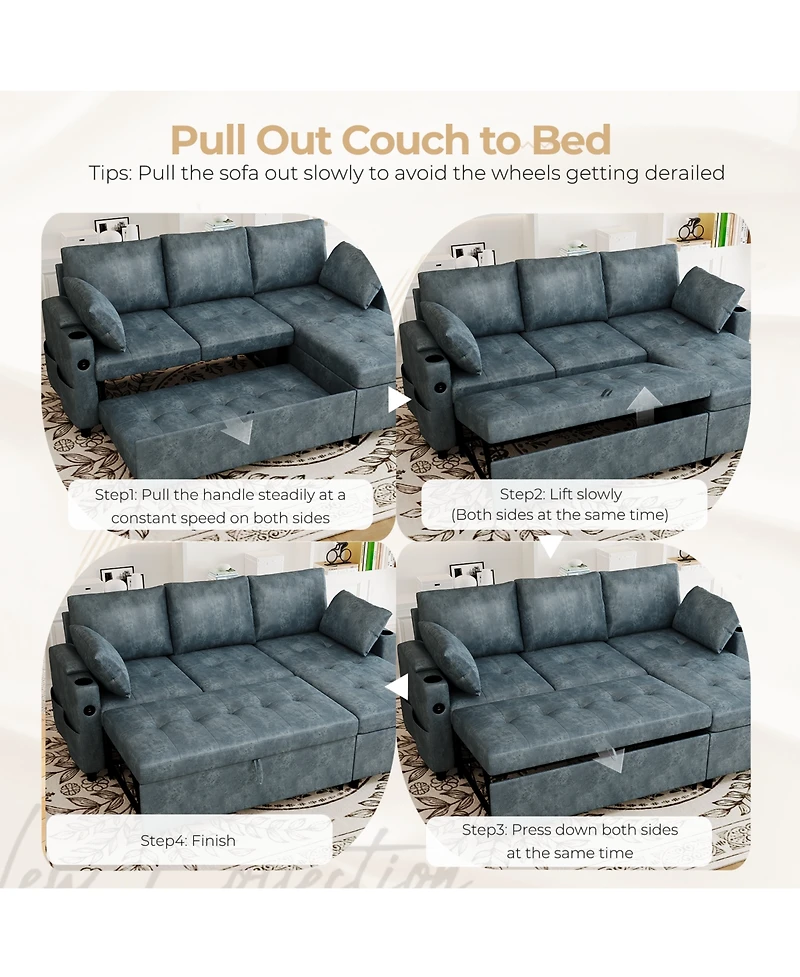 Aecojoy Sleeper Sofa Bed, 3-in-1 Pull Out Couch with Reversible Chaise, Leather