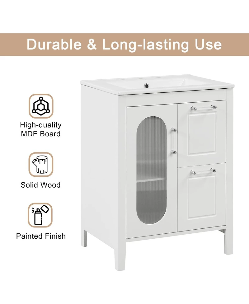 Sillysis Freestanding Bathroom Vanity with Sink, Solid Wood Cabinet, Moru Glass Door, Adjustable Shelf for Small Spaces