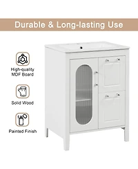 Sillysis Freestanding Bathroom Vanity with Sink, Solid Wood Cabinet, Moru Glass Door, Adjustable Shelf for Small Spaces