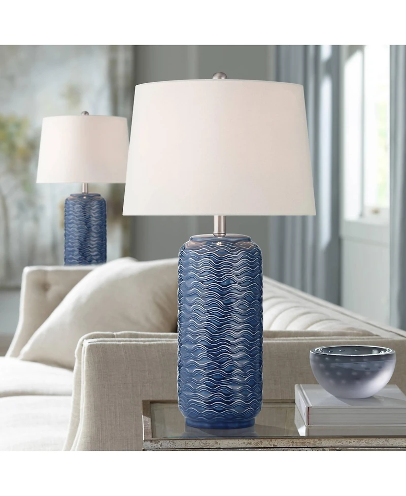 360 Lighting Waves Tall Modern Coastal 3-Way Table Lamps Set of 2 Blue Ceramic White Shade Living Room Bedroom Bedside