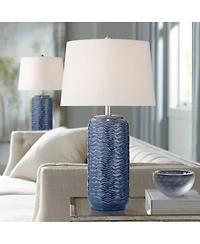 360 Lighting Waves Tall Modern Coastal 3-Way Table Lamps Set of 2 Blue Ceramic White Shade Living Room Bedroom Bedside